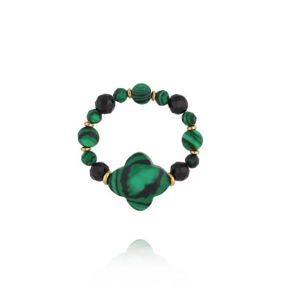 Pierścionek elastyczny z malachitem i czarnym turmalinem PTW0634