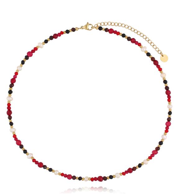 Naszyjnik z czerwonymi kamieniami i perłami NSC0550