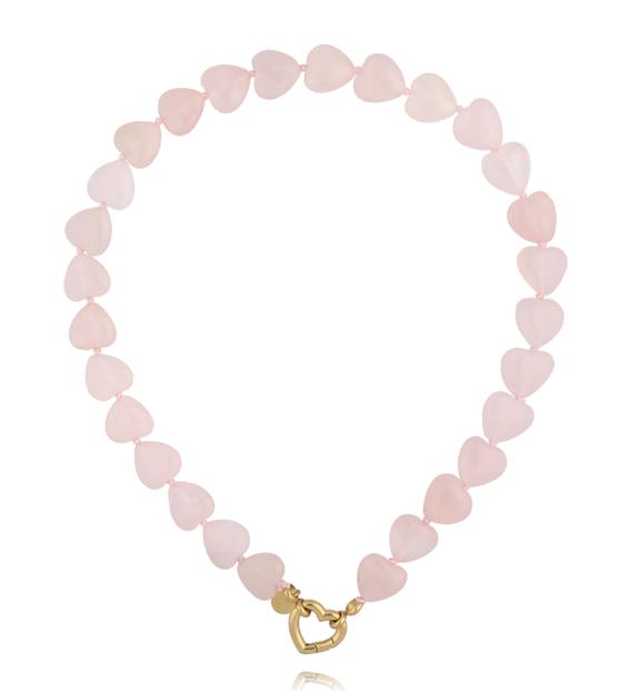 Naszyjnik z kwarcu różowego w kształcie serc z pozłacanym zapięciem NPA1603