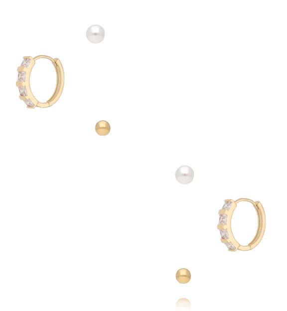 Zestaw złoconych kolczyków kółek z cyrkoniami i perełkami KLU0172