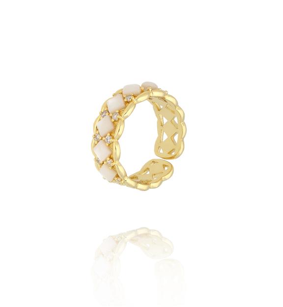 Pierścionek złocony regulowany z masą perłową i kryształami PSS0214