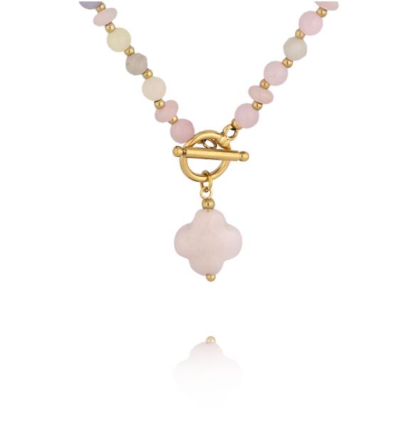 Naszyjnik z pastelowych kamieni naturalnych z zawieszką koniczynki NPA1608