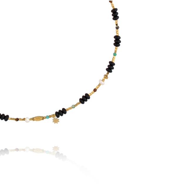 Naszyjnik z czarnego agatu, muszli i afrykańskiego turkusu NEA0078