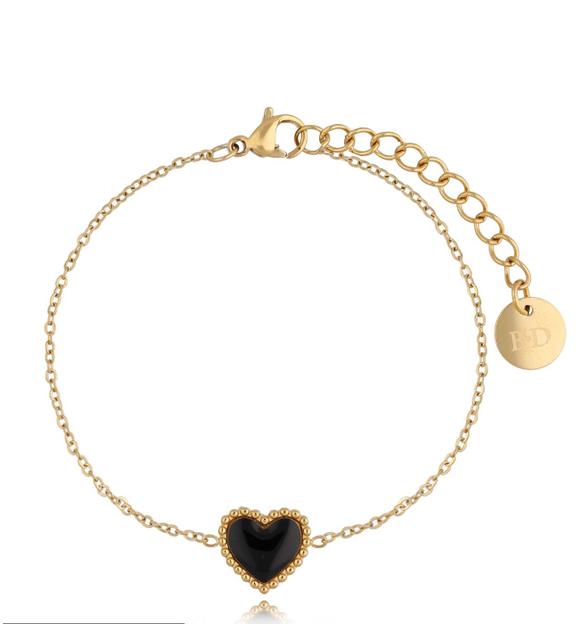 Bransoletka złota z sercem i czarną emalią Enamel Heart BSA0336