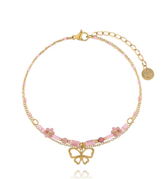 Bransoletka na nogę z różowymi koralikami i zawieszką motyla BNSY0070