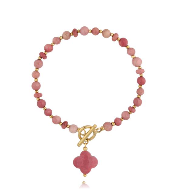 Bransoletka z rodonitami z koniczynką i złotym zapięciem BPA0636