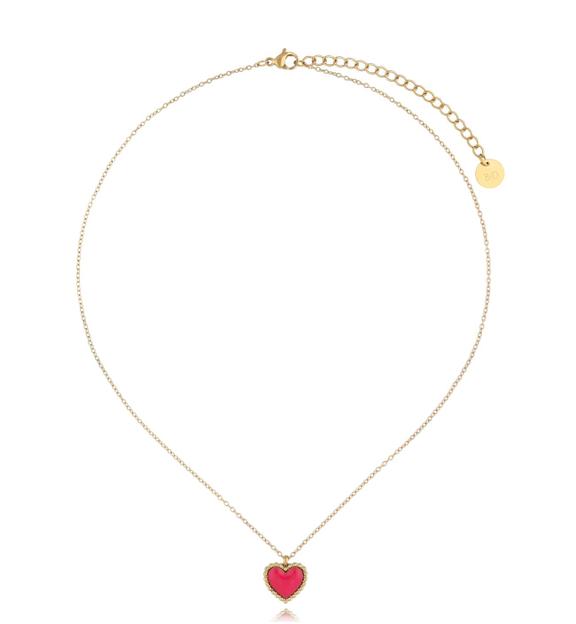 Naszyjnik złoty z sercem i fuksjową emalią Enamel Heart NSA1113