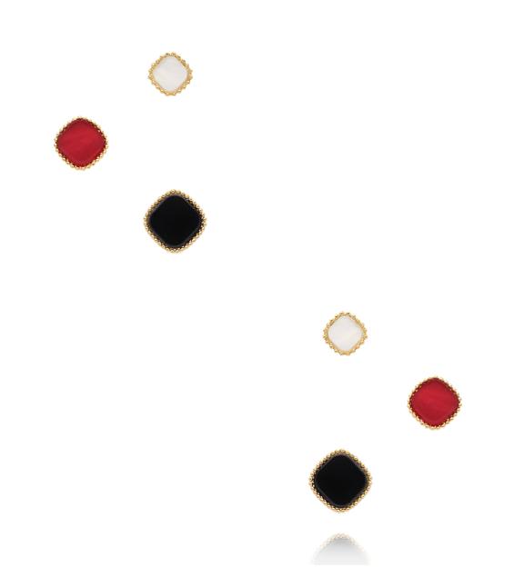 Zestaw złoconych kolczyków z kolorowymi wypełnieniami – biel, czerń i czerwień KMB0038