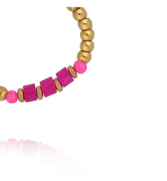 Pierścionek elastyczny ze złotych kuleczek z fuksjowym jadeitem PTW0626