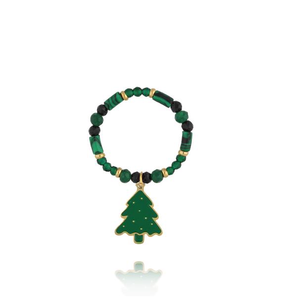 Pierścionek elastyczny zielony z choinką PTW0524
