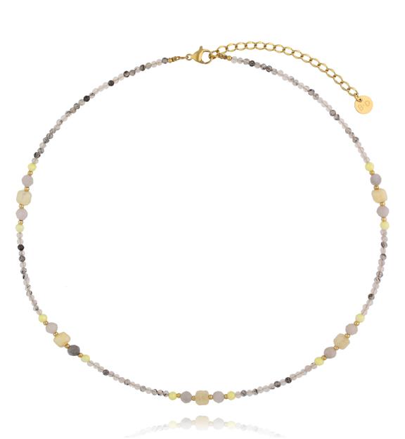Naszyjnik z czarnego kwarcu rutylowego, żółtego cyrkonu i szarego jadeitu NTW1577