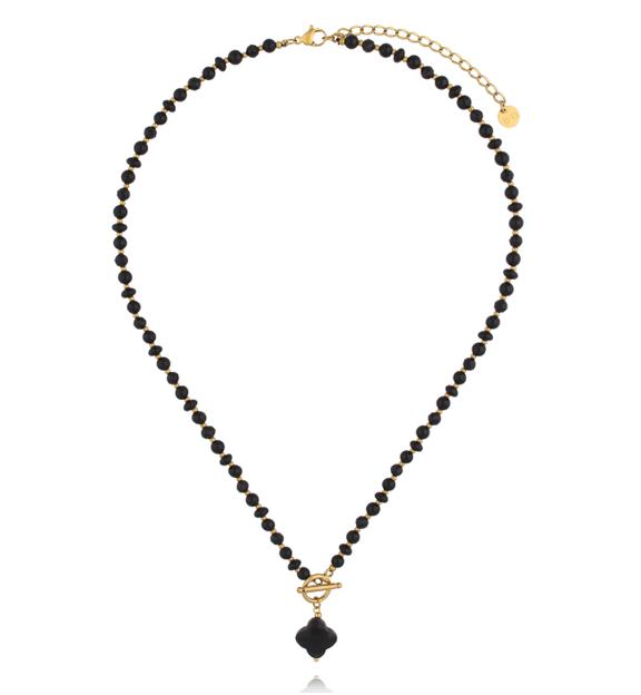 Naszyjnik z czarnego agatu i czarnego turmalinu z zawieszką koniczynki NPA1627