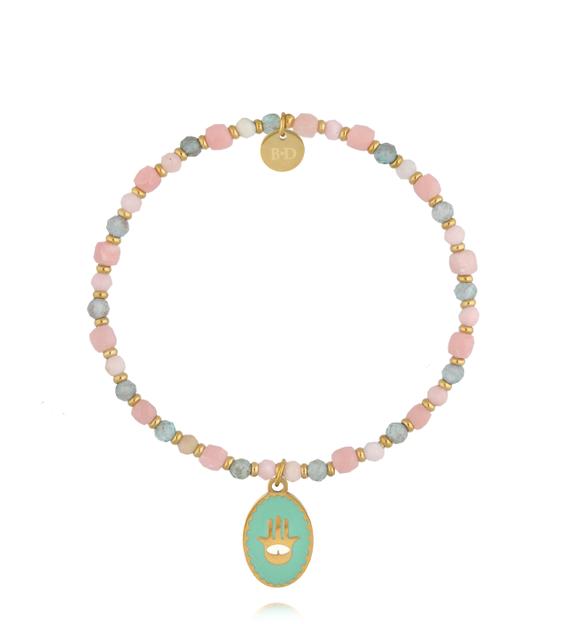 Bransoletka z opalu różowego i apatytu z zawieszką Hamsa BTW3696