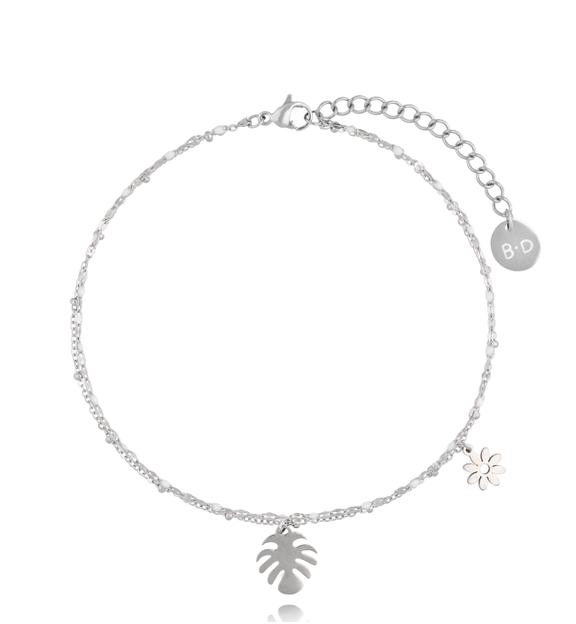Bransoletka na nogę srebrna z liściem monstery Summer Love BNSY0014