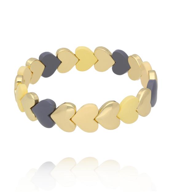 Bransoletka elastyczna z serduszkami w odcieniach szarości, pastelowej żółci i złota BCR0085