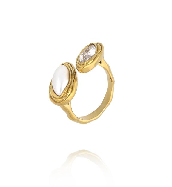 Pierścionek złoty z dwoma owalami i kryształem PSY0265
