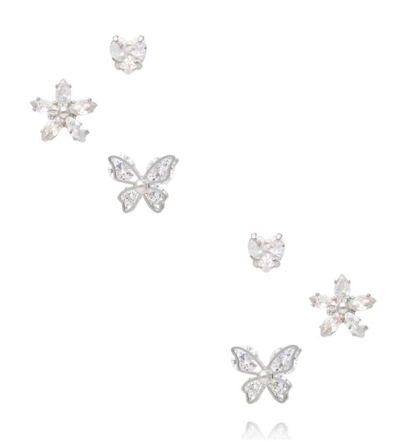 Zestaw srebrnych kolczyków z cyrkoniami – serce, kwiat i motyl KMB0027