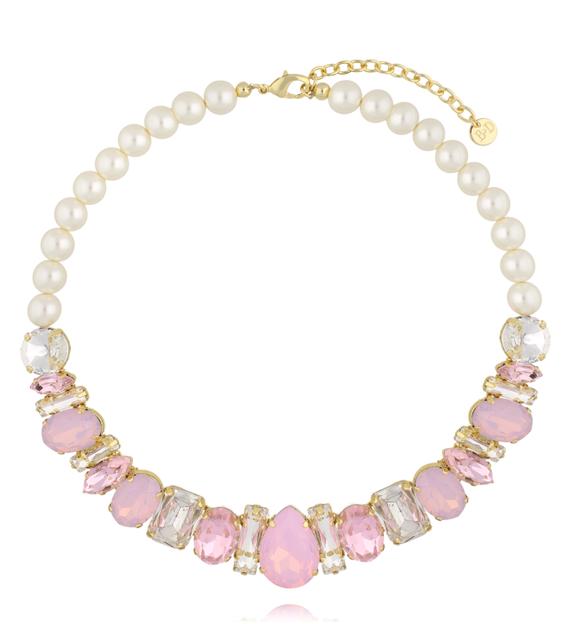 Naszyjnik z perłami i różowymi kryształami NS0406