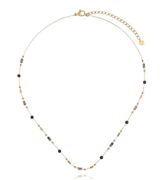 Naszyjnik na złotym łańcuszku z czarnym agatem i labradorytem NEA0096