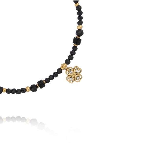 Bransoletka z czarnego turmalinu i agatu ze złotą koniczyną BTW3517