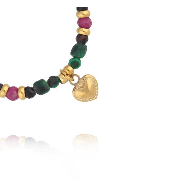 Pierścionek elastyczny z malachitem, czarnym turmalinem i rubinem PTW0636