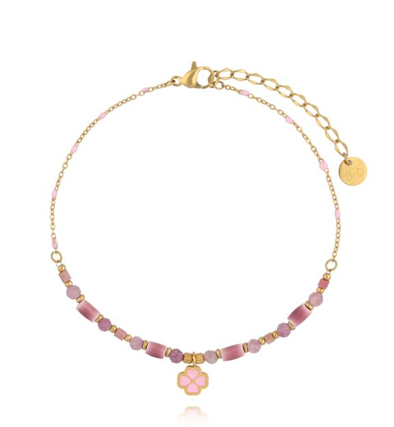 Bransoletka z różowym turmalinem, ceramiką i zawieszką w kształcie kwiatka BNPA0022