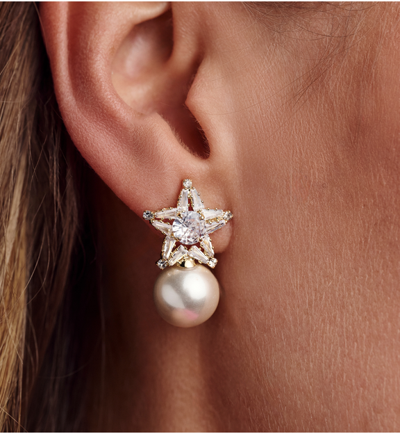Kolczyki z gwiazdą z kryształów i perłą złote KLU0198