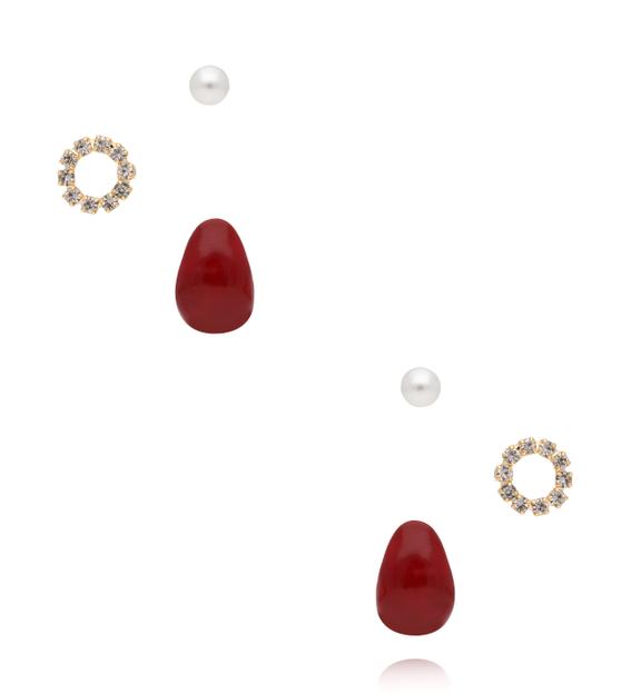 Zestaw kolczyków z perłą, kryształowym okręgiem i bordowym akcentem KMB0044