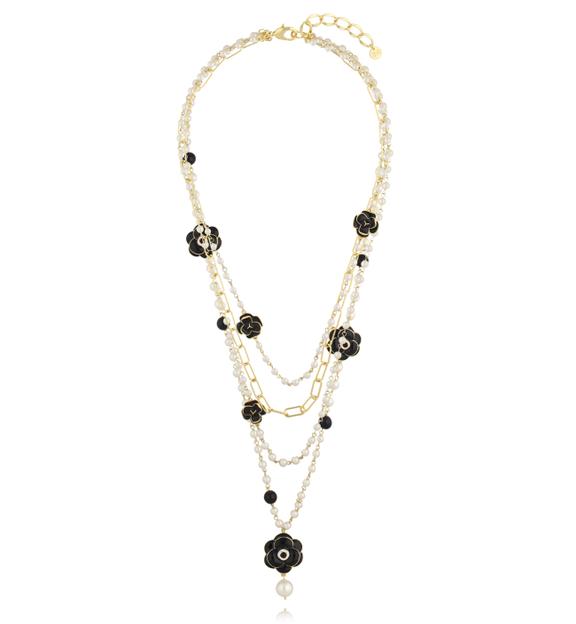 Naszyjnik potrójny z kwiatami w czerni i bieli NS0348