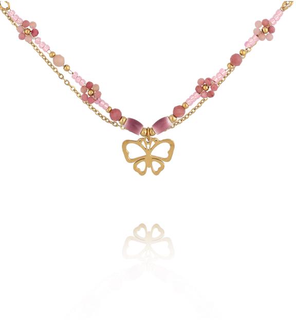 Naszyjnik z różowych koralików z zawieszką motyla NSY0736