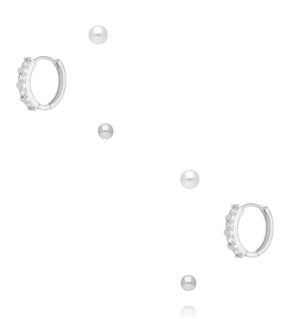 Zestaw srebrnych kolczyków kółek z cyrkoniami i perełkami KLU0171