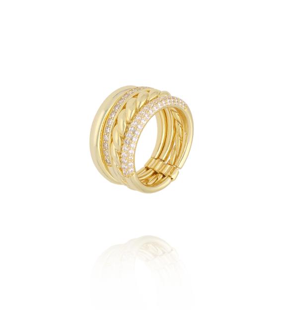 Pierścionek złoty szeroki z kryształkami PSS0213