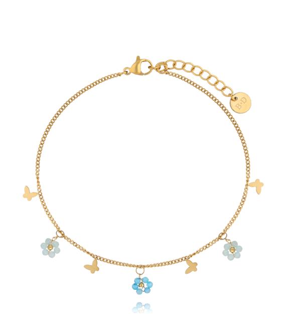 Bransoletka na nogę z motylkami i błękitnymi kwiatami BNTW0108