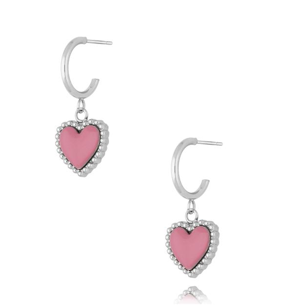 Kolczyki srebrne z sercem i różową emalią Enamel Heart KSA1547