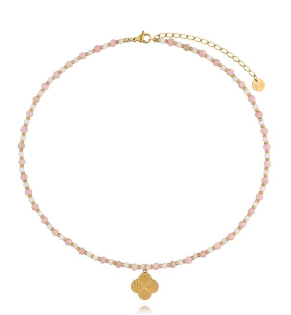 Naszyjnik z różowego opalu z zawieszką w kształcie koniczynki NTW1611