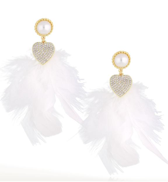 Kolczyki białe piórka z sercami Ginette KFF0010