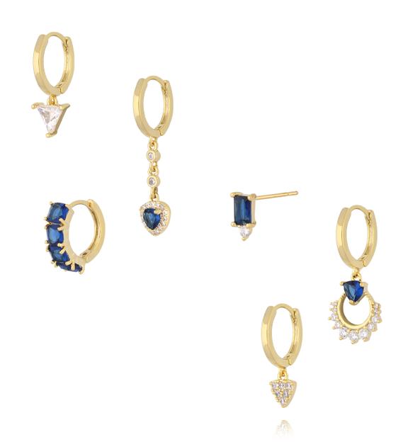 Zestaw złoconych kolczyków z granatowymi kamieniami i cyrkoniami KMB0063