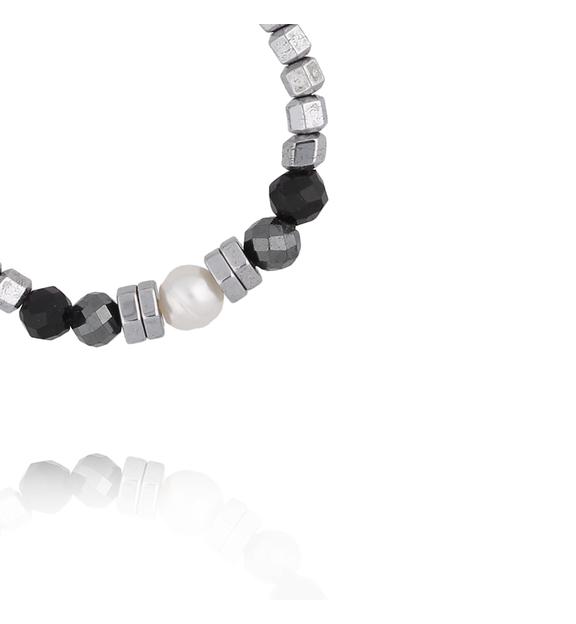 pierścionek z hematytu, czarnych kamieni i perły PTW0648