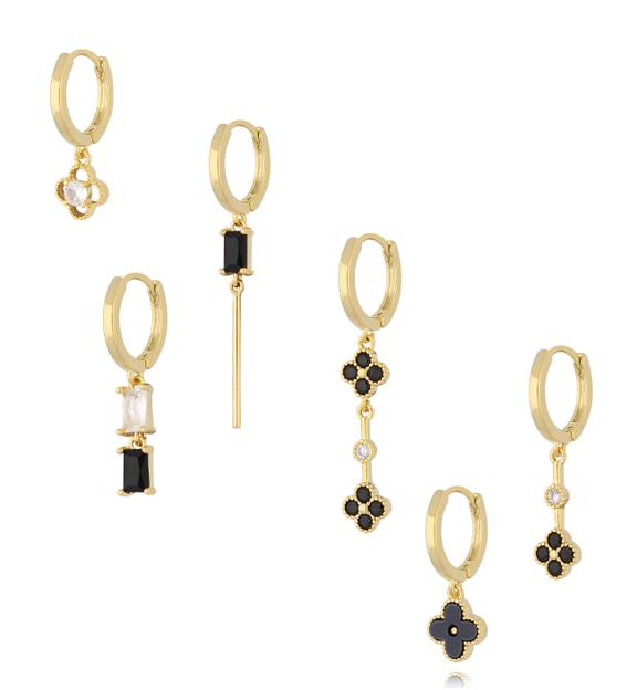 Zestaw złoconych kolczyków z czarnymi kamieniami i cyrkoniami KMB0065
