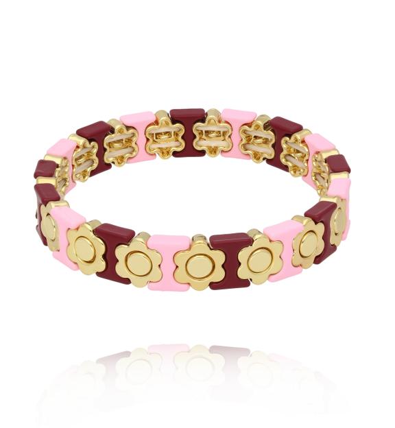 Bransoletka elastyczna z kwiatowym motywem w odcieniach różu, bordo i złota BCR0091