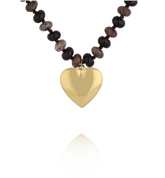 Naszyjnik z kamienia śnieżnego i jadeitu z pozłacanym sercem NPA1592