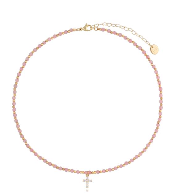 Naszyjnik z różowymi jadeitami i krzyżykiem Garden NTW0893