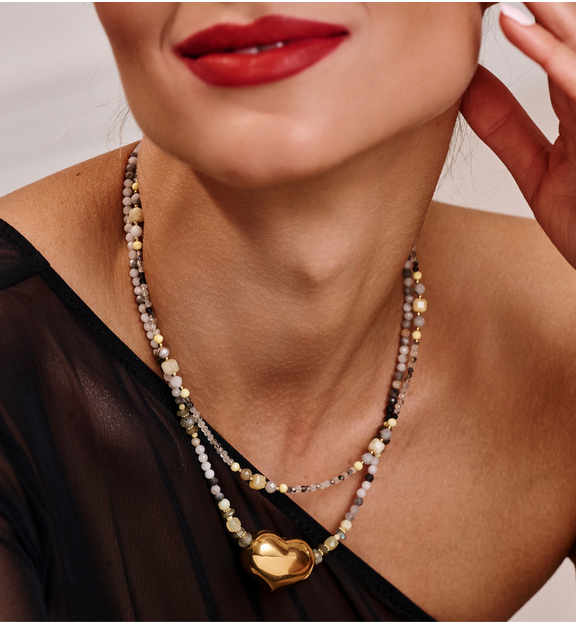 Zestaw naszyjników z naturalnych kamieni z pozłacanym sercem ZN0121