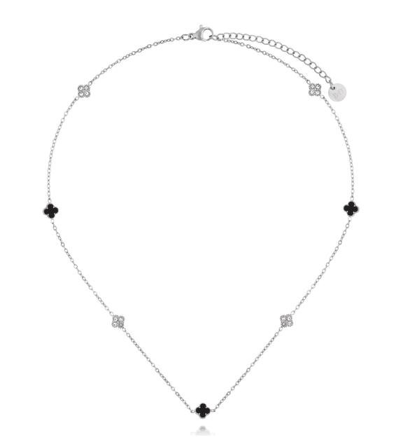 Naszyjnik srebrny z czarnymi koniczynkami i cyrkoniami NSY0742