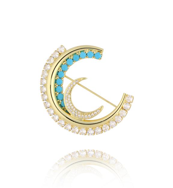Broszka złoto turkusowa z księżycem Blue Moon BRSS0242