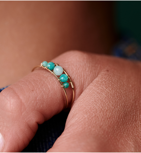Pierścionek regulowany złoty z amazonitami PEA0024