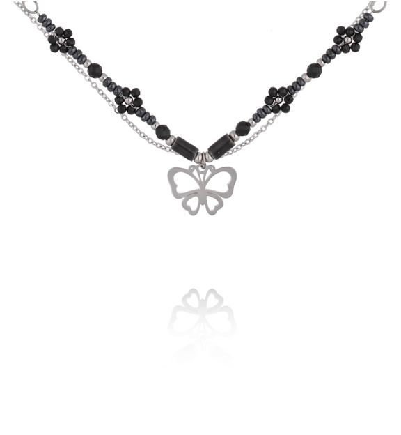 Naszyjnik z czarnymi turmalinami i motylkiem NSY0754