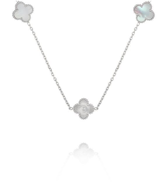 Naszyjnik długi ze srebrnymi koniczynkami i masą perłową NSY0707