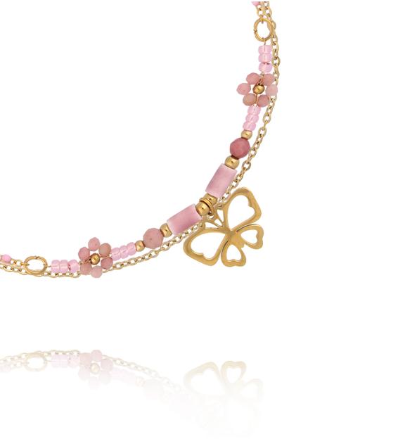 Bransoletka na nogę z różowymi koralikami i zawieszką motyla BNSY0070