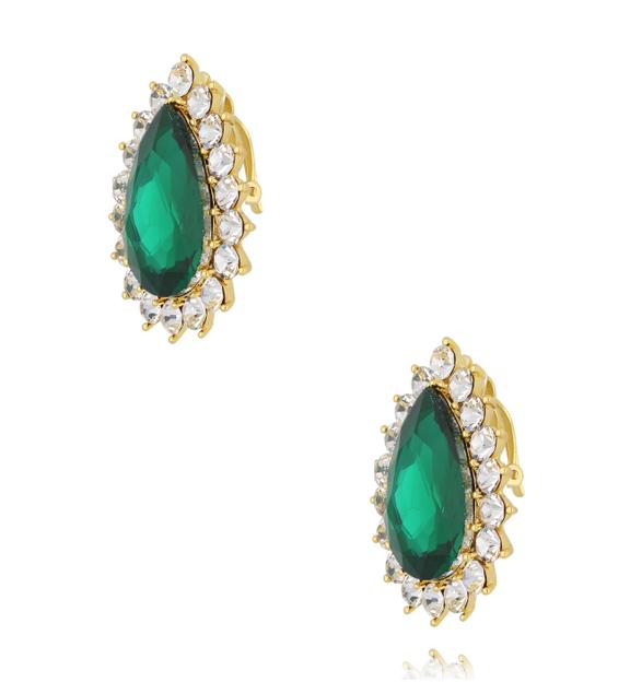 Kolczyki z zielonymi kryształami w kształcie kropli i cyrkoniami w złotym wykończeniu KSS2253